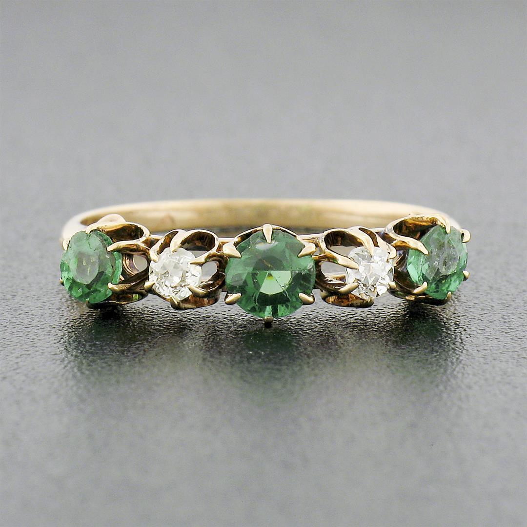 Antique Victorian 14k Gold.70 ctw Round Prong Tsavorite Diamond 5 Stone Band Rin
