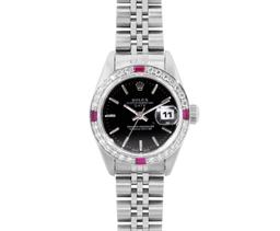 Rolex Ladies Stainless Steel Black Index Dial Diamond And Ruby Bezel Date Wristw