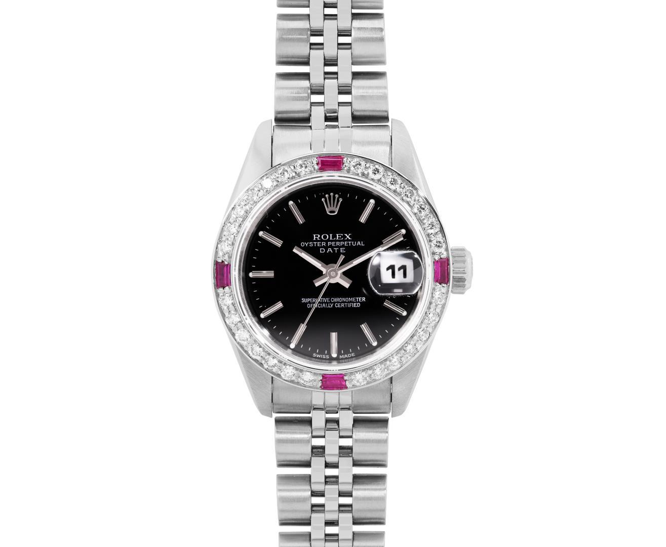 Rolex Ladies Stainless Steel Black Index Dial Diamond And Ruby Bezel Date Wristw