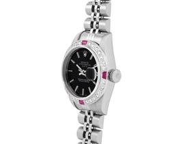 Rolex Ladies Stainless Steel Black Index Dial Diamond And Ruby Bezel Date Wristw