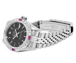 Rolex Ladies Stainless Steel Black Index Dial Diamond And Ruby Bezel Date Wristw