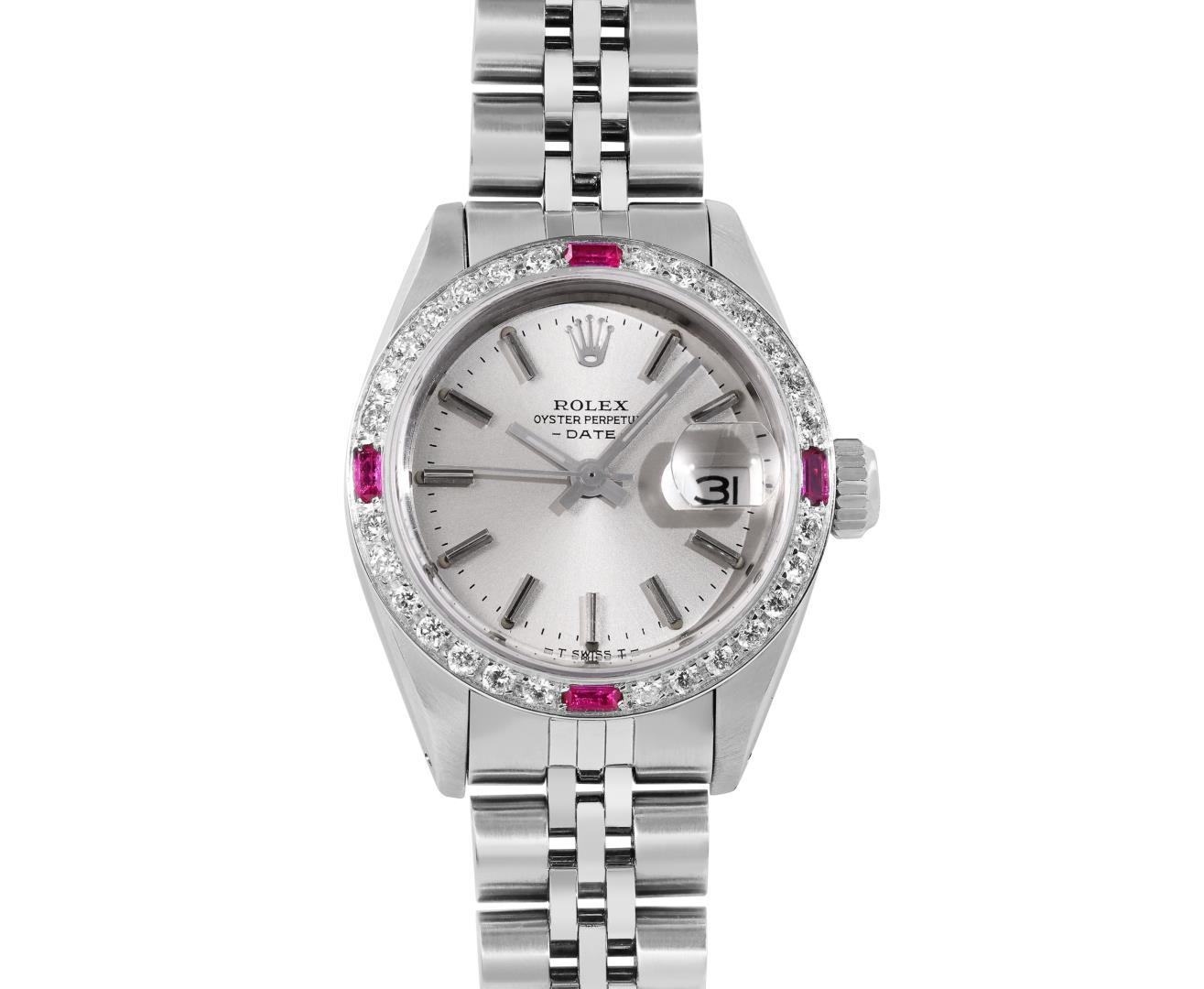 Rolex Ladies Stainless Steel Silver Index Dial 18K White Gold Diamond And Ruby B