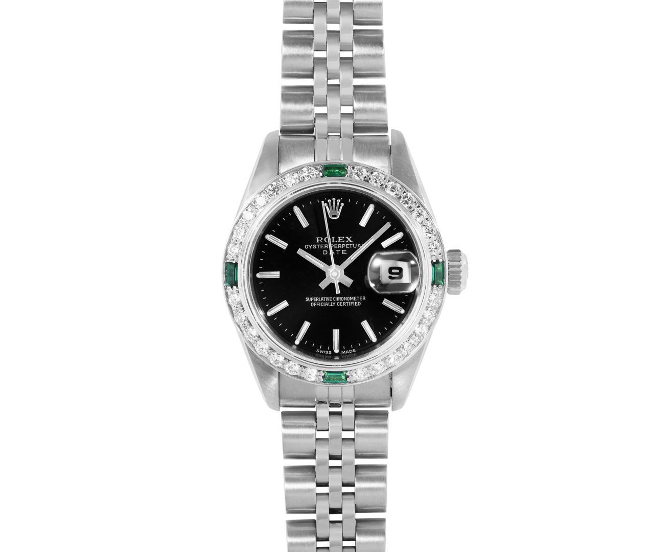 Rolex Ladies Stainless Steel Black Index Dial Diamond And Emerald Bezel Date Wri