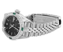 Rolex Ladies Stainless Steel Black Index Dial Diamond And Emerald Bezel Date Wri