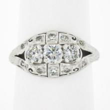 Antique Art Deco Platinum 0.81 ctw Old Cut Diamond Detailed Etched Domed Band Ri
