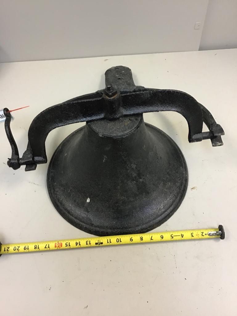Vintage cast iron bell with clapper and bracket