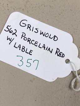 Griswold 562 porcelain red skillet with label