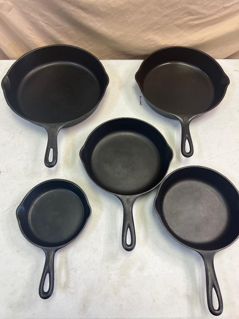 5- Wagnerware Cast Iron Skillets, Nos. 3,5,6,8 and 10