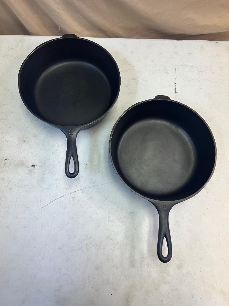 2- Wagnerware No. 8 Cast Iron Skillets, one is a chicken fryer