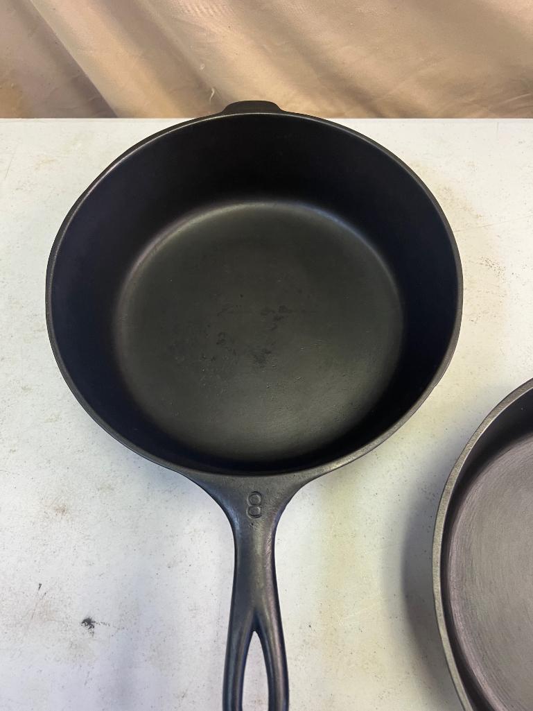 2- Wagnerware No. 8 Cast Iron Skillets, one is a chicken fryer