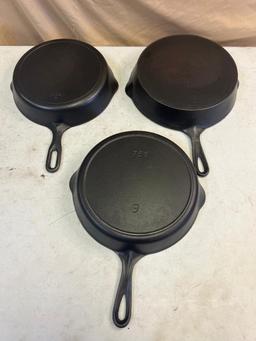 3- Cast Iron Skillets, No. 8 and 9 Iron Mountain, and Vintage No. 8 w/ heat ring