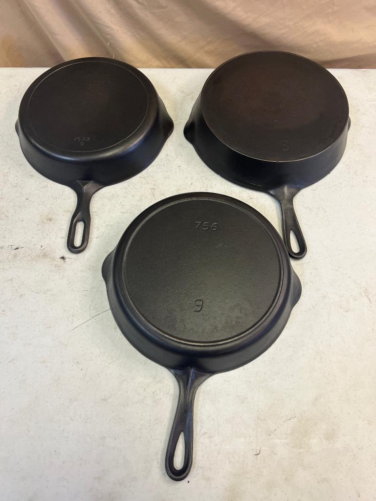 3- Cast Iron Skillets, No. 8 and 9 Iron Mountain, and Vintage No. 8 w/ heat ring