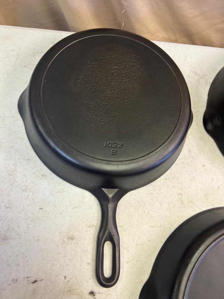 3- Cast Iron Skillets, No. 8 and 9 Iron Mountain, and Vintage No. 8 w/ heat ring