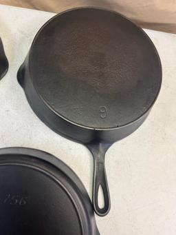 3- Cast Iron Skillets, No. 8 and 9 Iron Mountain, and Vintage No. 8 w/ heat ring