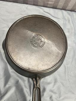 Wapak Indianhead no. 8 Cast Iron Skillet w/ mold mark (imperfection) on bottom, sits flat