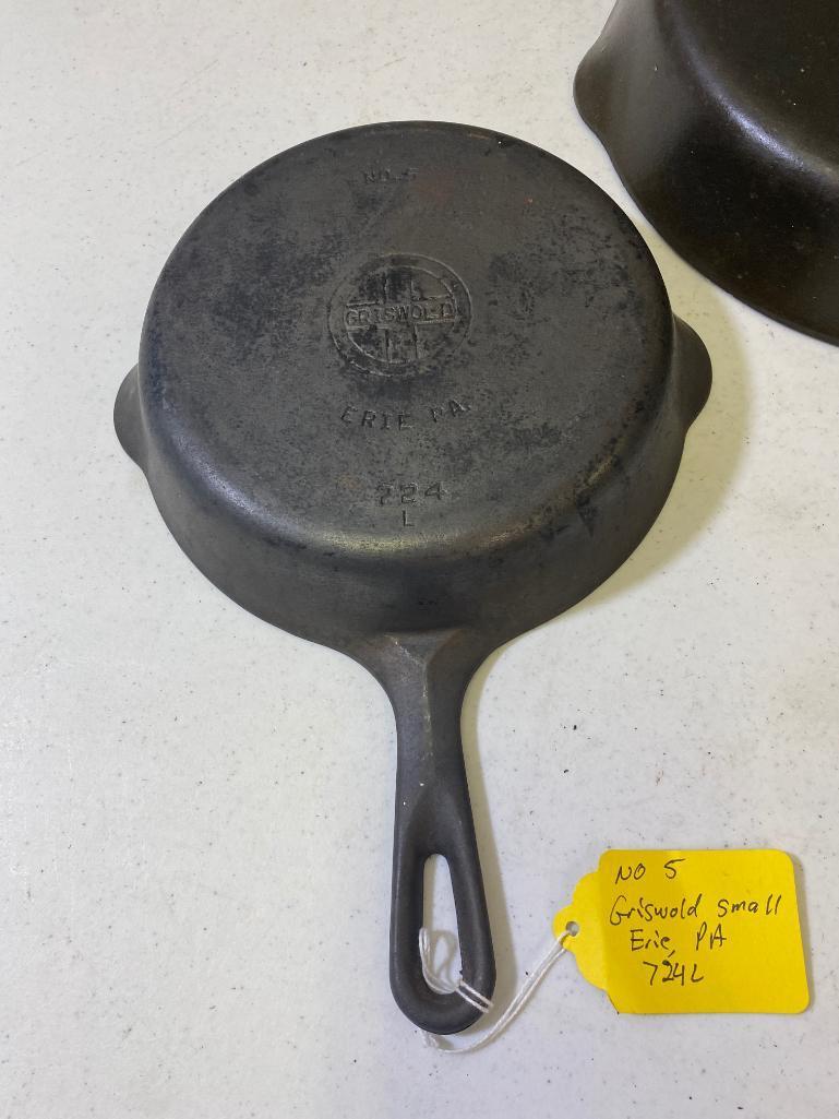 2- Griswold Small Block Skillets, No. 5 and no. 8, 709G and 724L