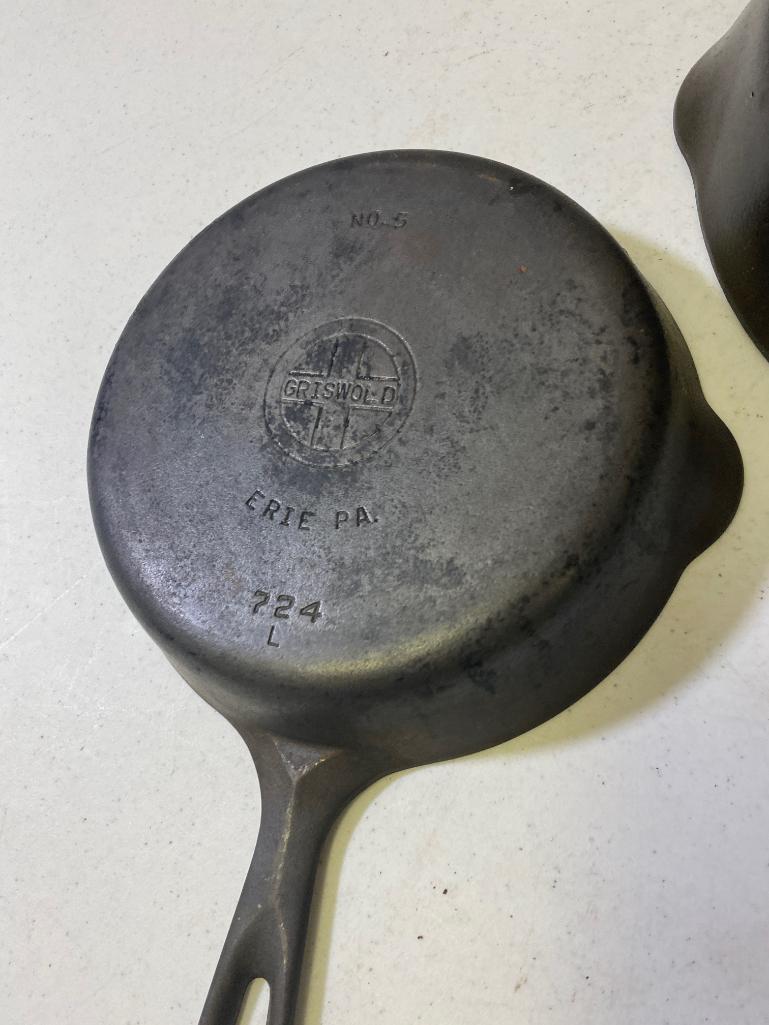 2- Griswold Small Block Skillets, No. 5 and no. 8, 709G and 724L