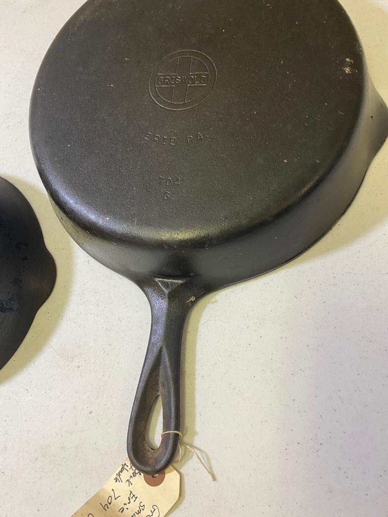 2- Griswold Small Block Skillets, No. 5 and no. 8, 709G and 724L