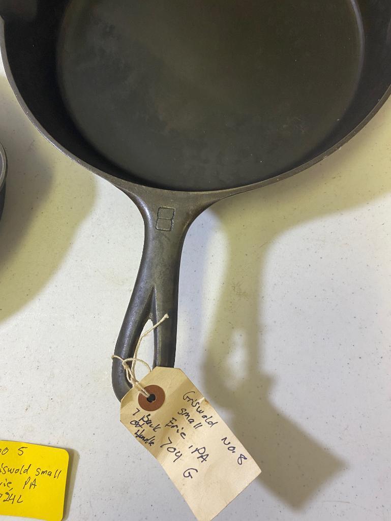 2- Griswold Small Block Skillets, No. 5 and no. 8, 709G and 724L