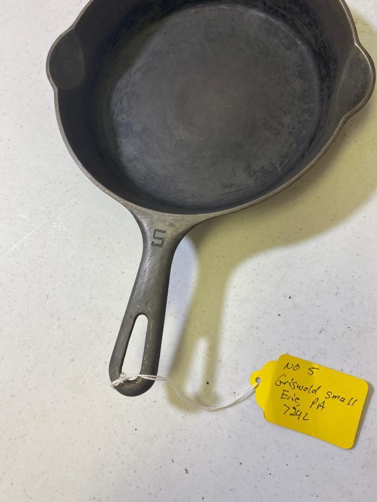 2- Griswold Small Block Skillets, No. 5 and no. 8, 709G and 724L