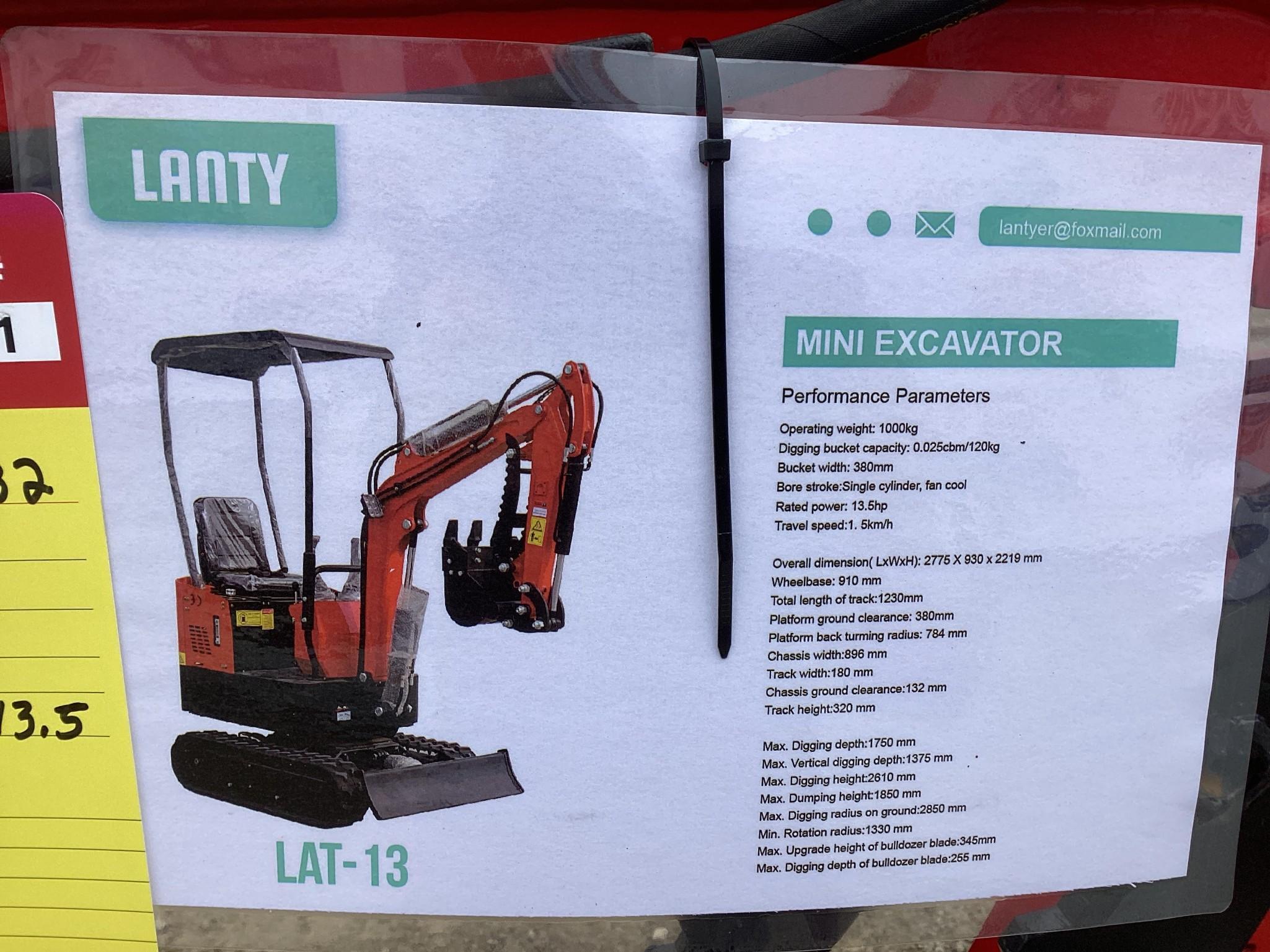 (INV531) New Unused Lanity Model LAT-13 Mini Excavator with Blade, Mechanical Thumb and Aux. Hyd.