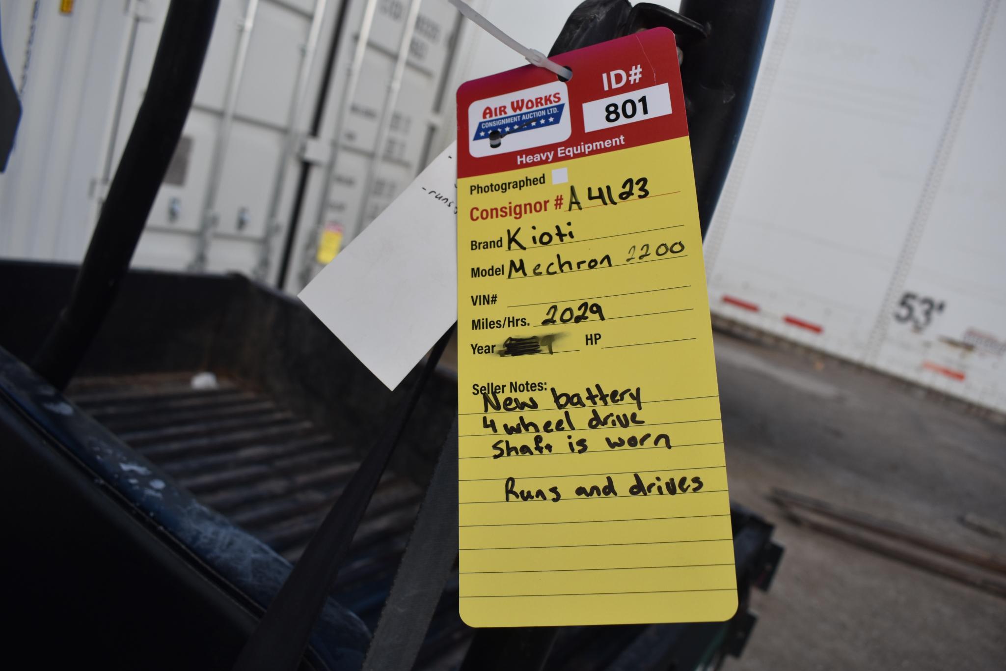 (INV801) Kioti Mechron 2200 Utility Vehicle, 2,029 hrs,