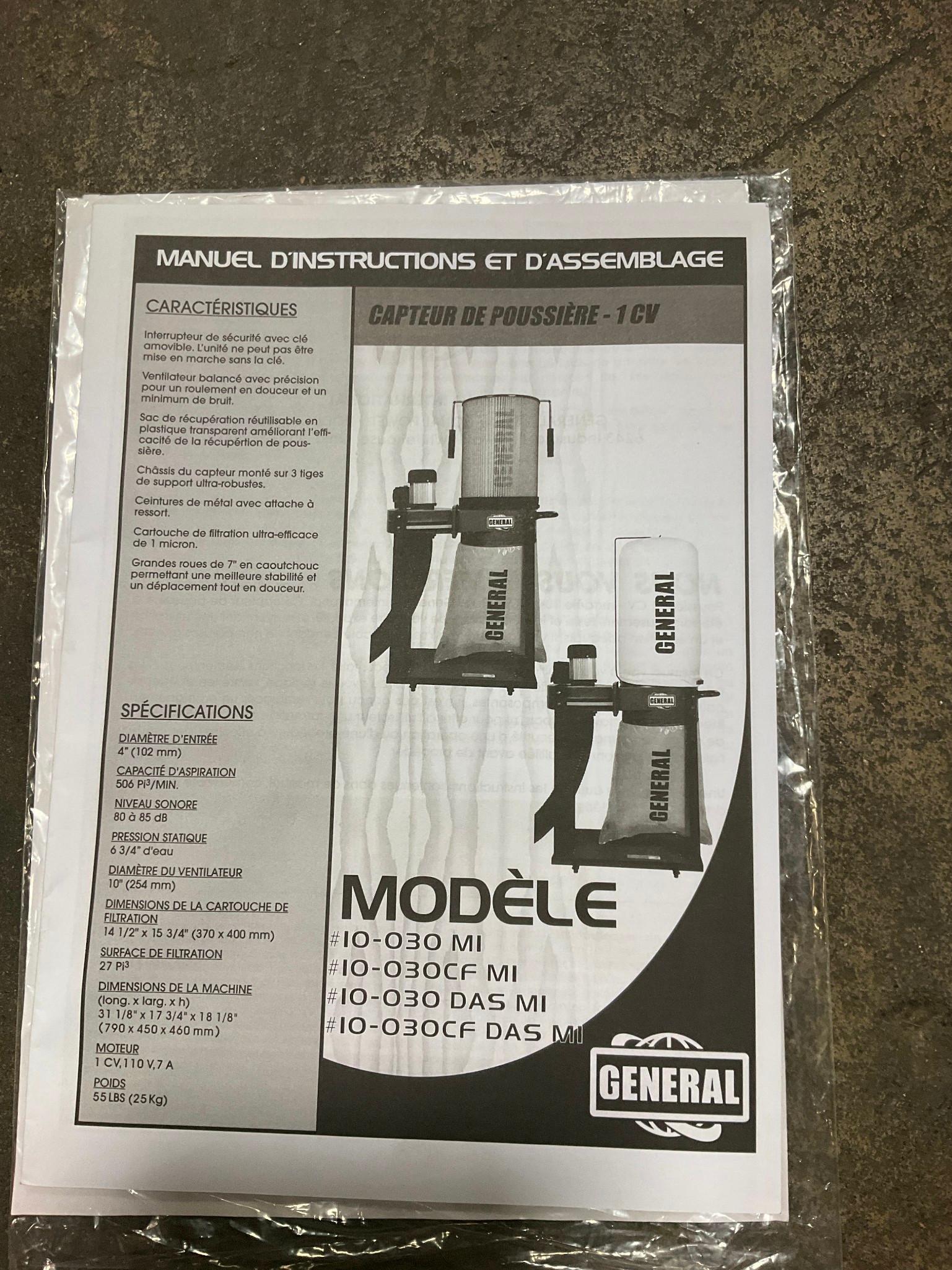 General 10-030M 1HP 7Amp Commercial Dust Collector (110V 1Phase) New in box