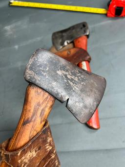 2- Plumb Hatchets, both with leather covers, handles appear original