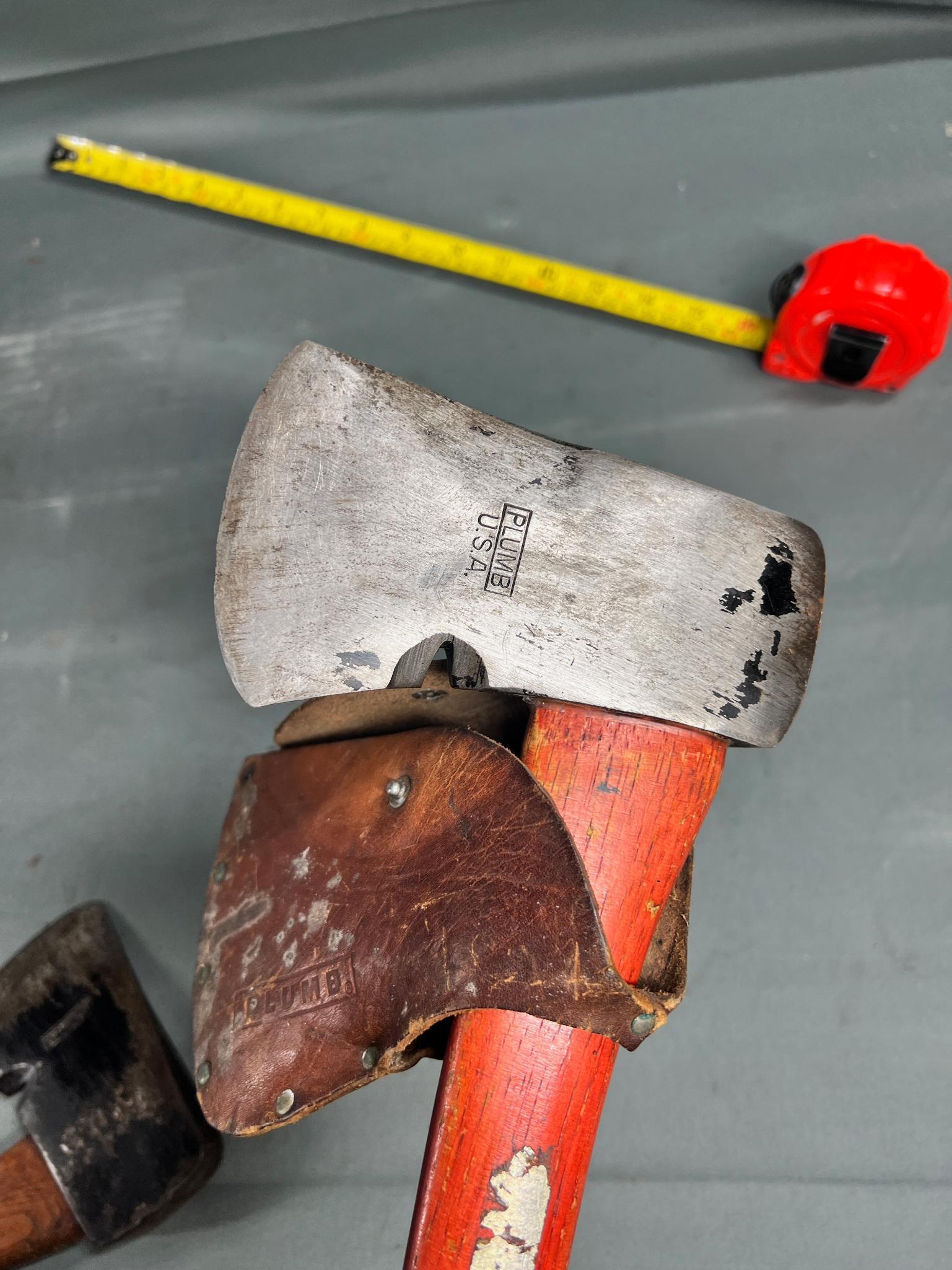 2- Plumb Hatchets, both with leather covers, handles appear original
