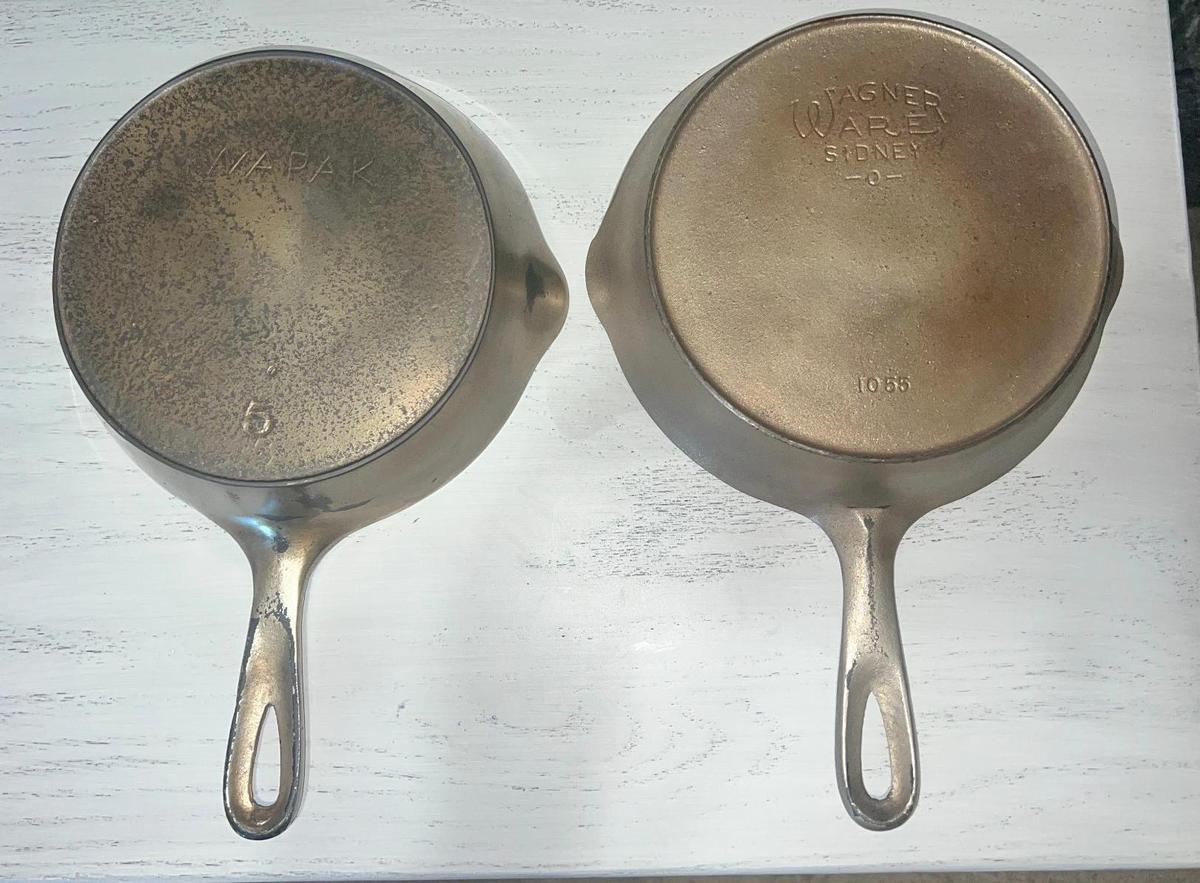 No. 5 Wagner Plated and Wapak no. 5 Plated cast iron skillets, both w/ heat rings