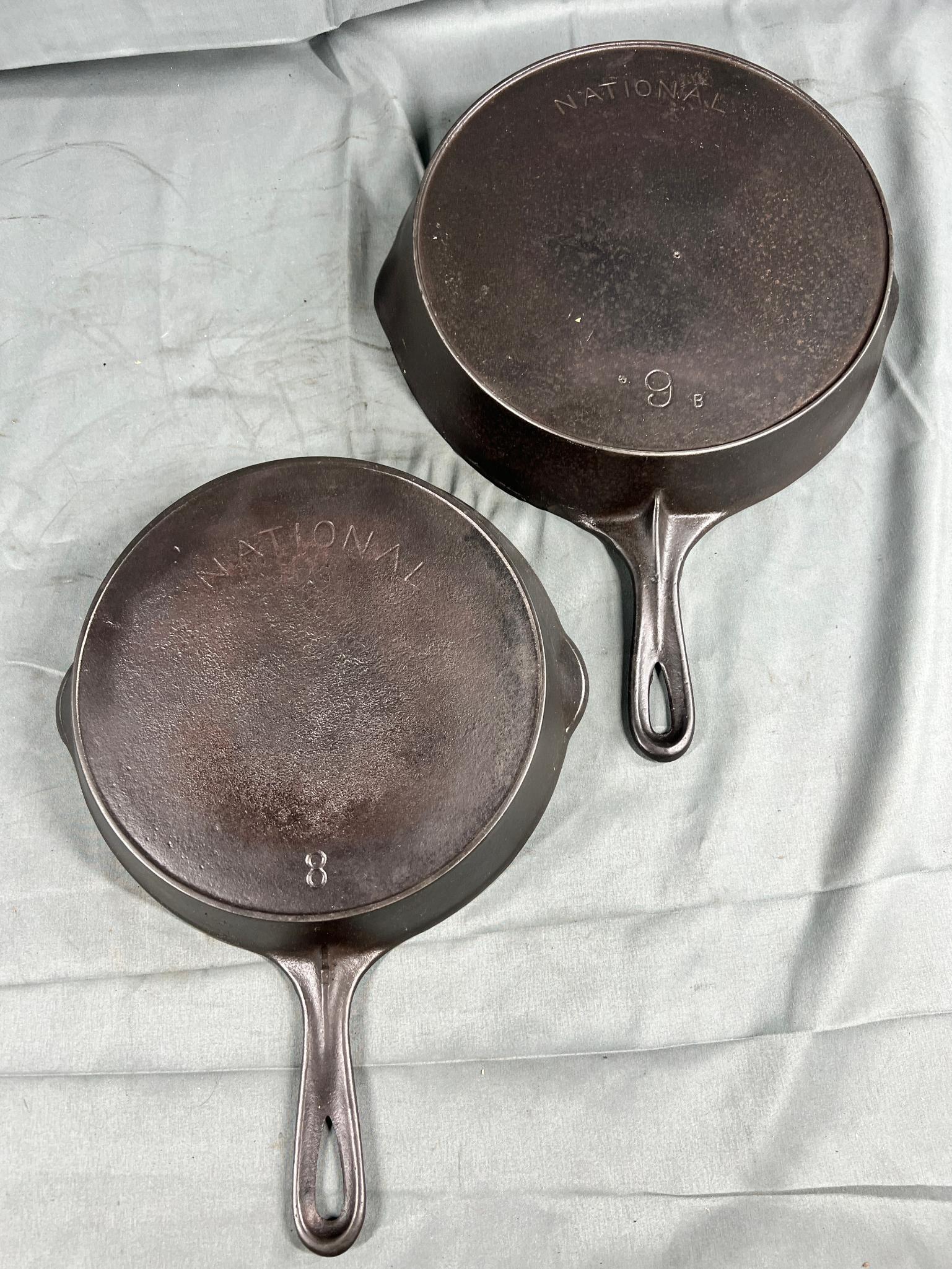 National No. 8 and 9 Cast Iron Skillets w/ heat ring