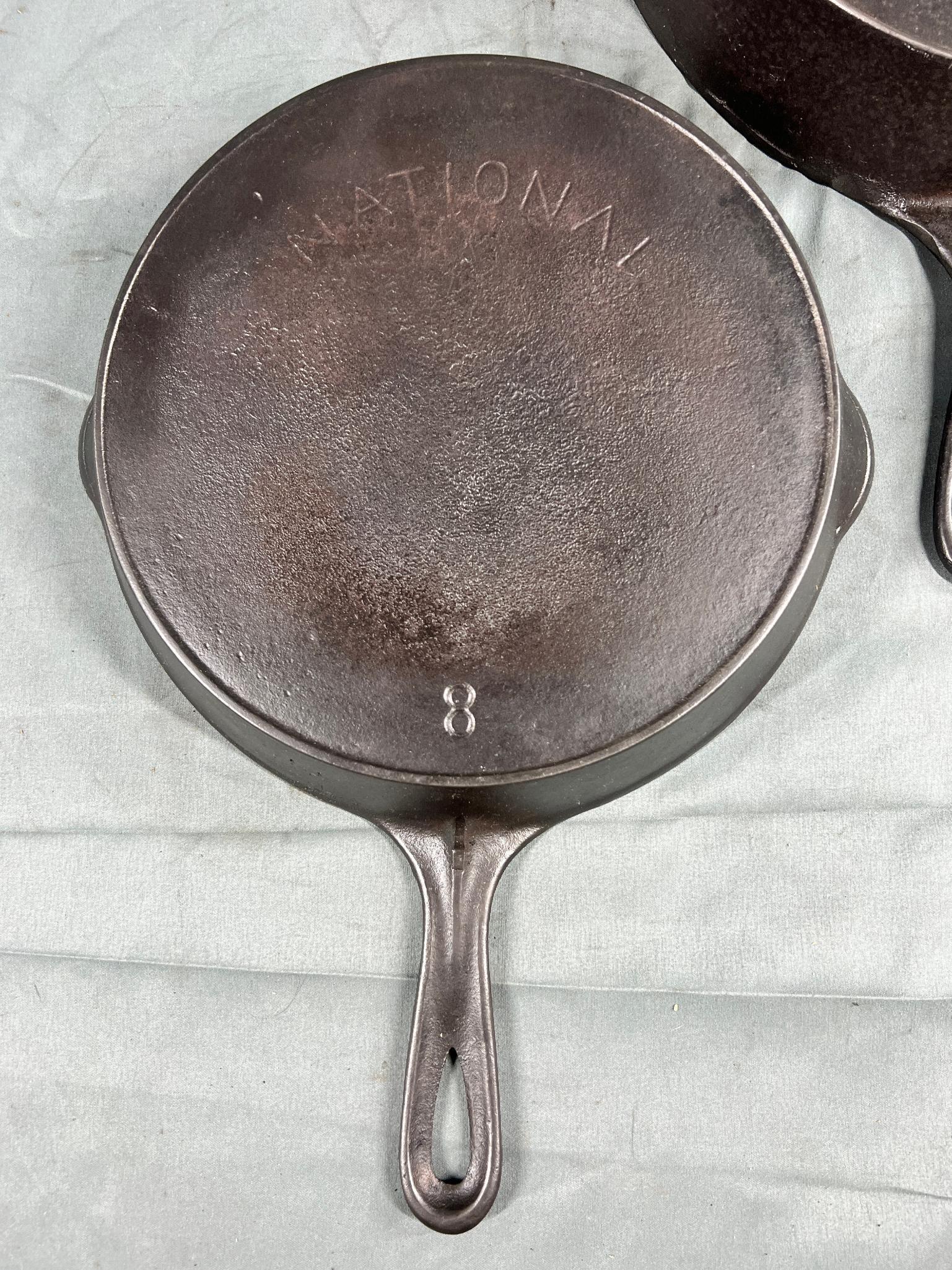 National No. 8 and 9 Cast Iron Skillets w/ heat ring