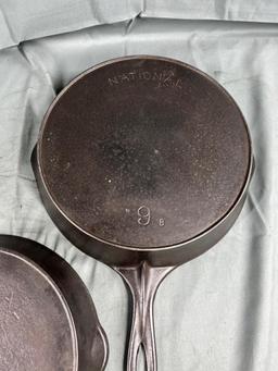 National No. 8 and 9 Cast Iron Skillets w/ heat ring