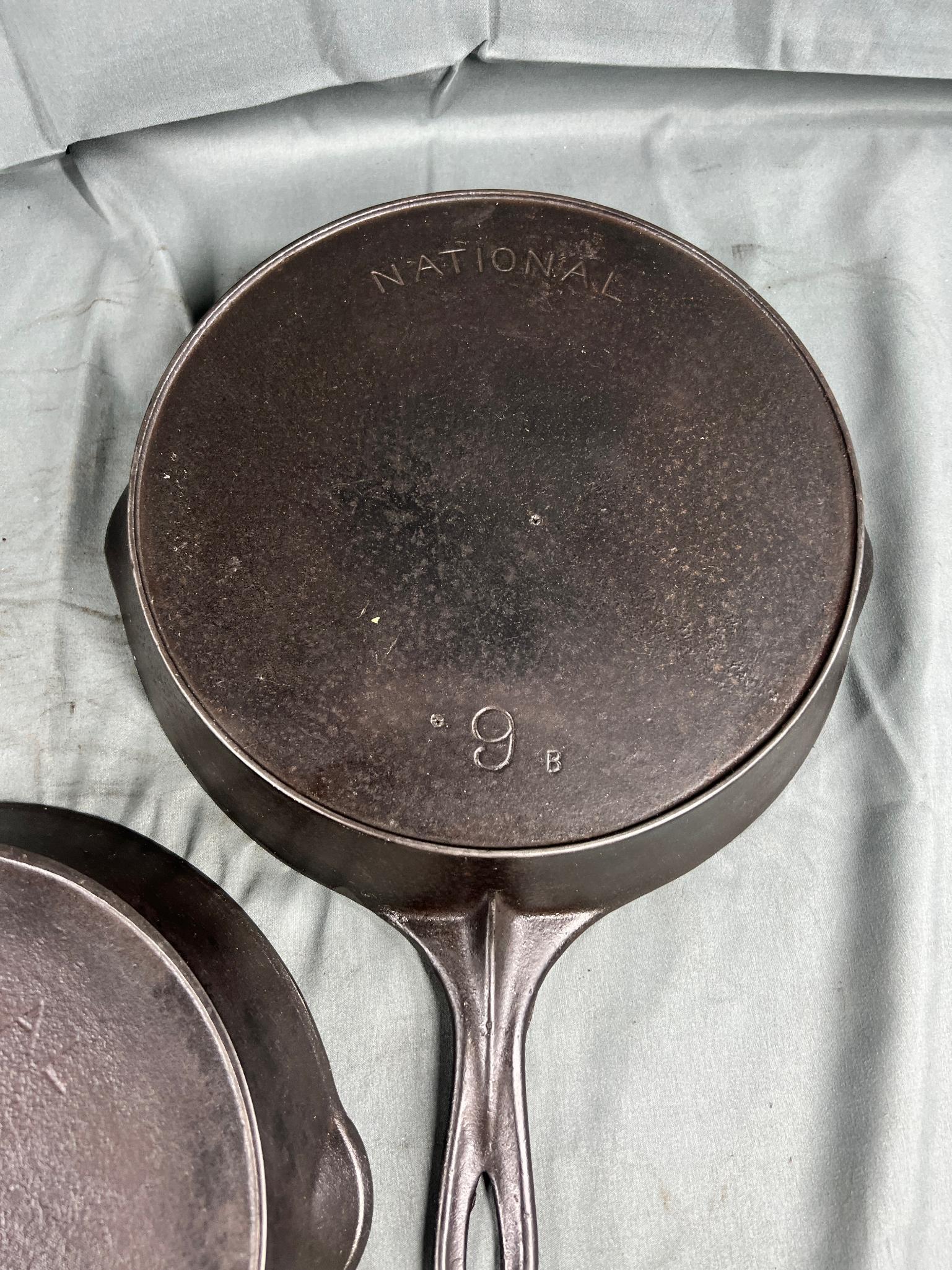 National No. 8 and 9 Cast Iron Skillets w/ heat ring