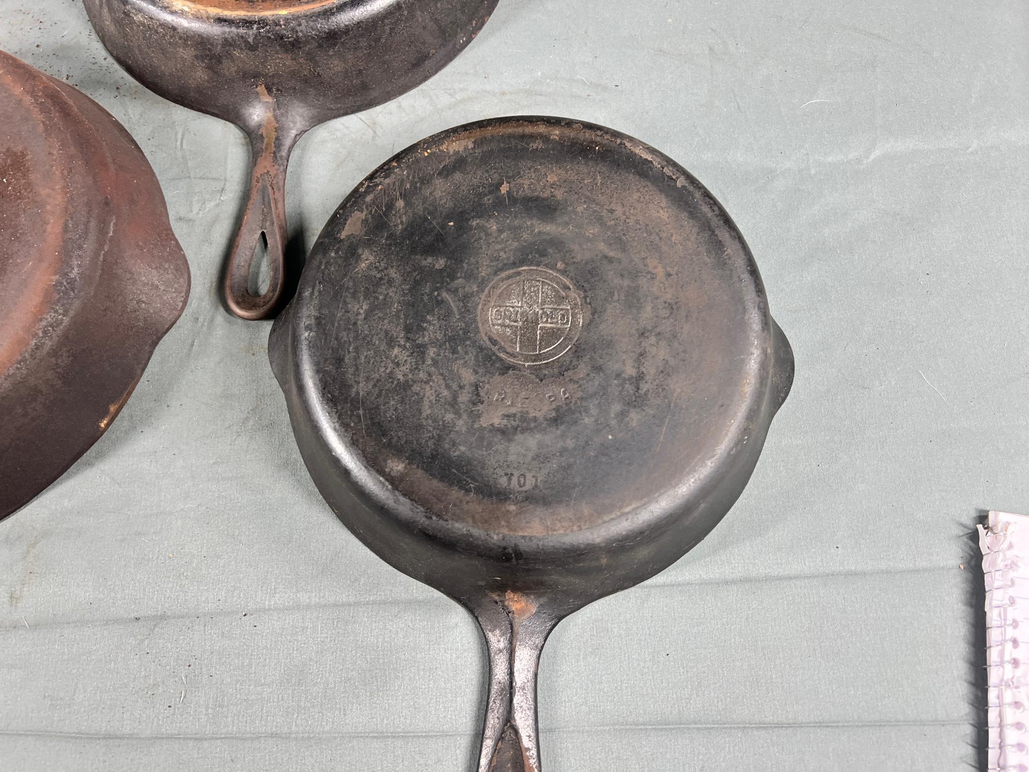 3- Griswold Cast Iron Skillets, No. 7 and 9 Small Block, and Slant no. 8 (slight wobble to no. 8)