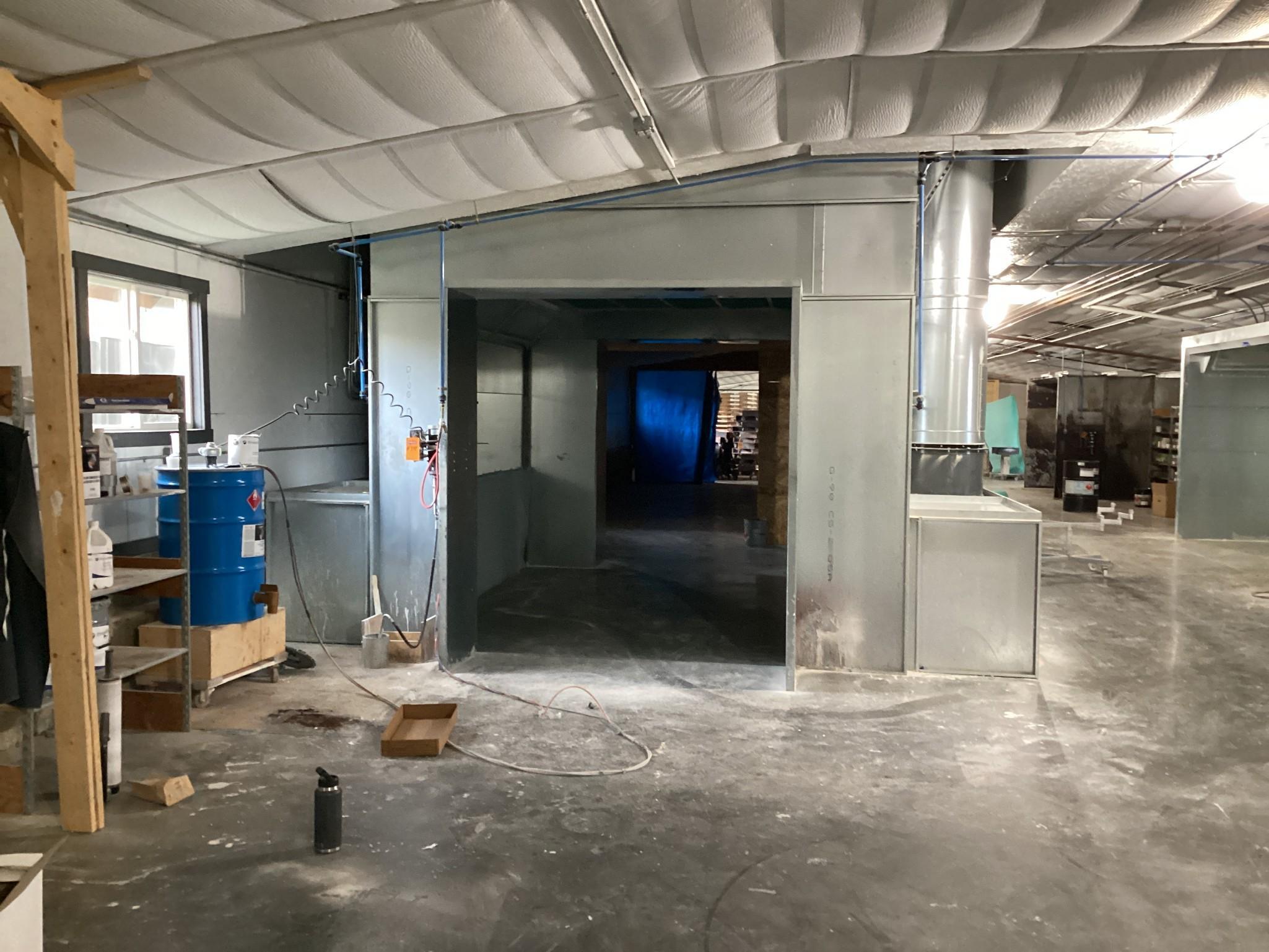 R and S Sheet Metal Pass Through Spray Booth. Inside Dimensions Are 170" Long x 144" Wide. Like New.
