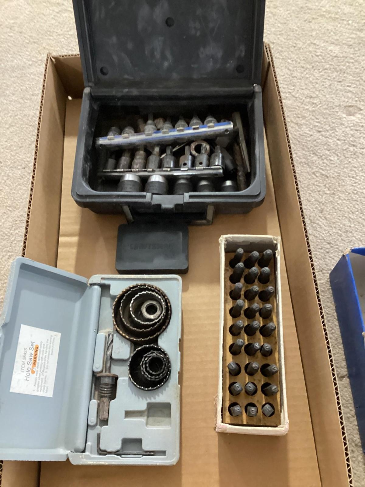 Box Lot, Letter Die Set, Hole Saw Set, Socket Driver Bits