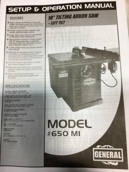 New Unused General Model 850 MI 10" Left Tilting Arbor Saw