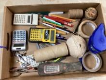 Box lot of tape, string, calculators