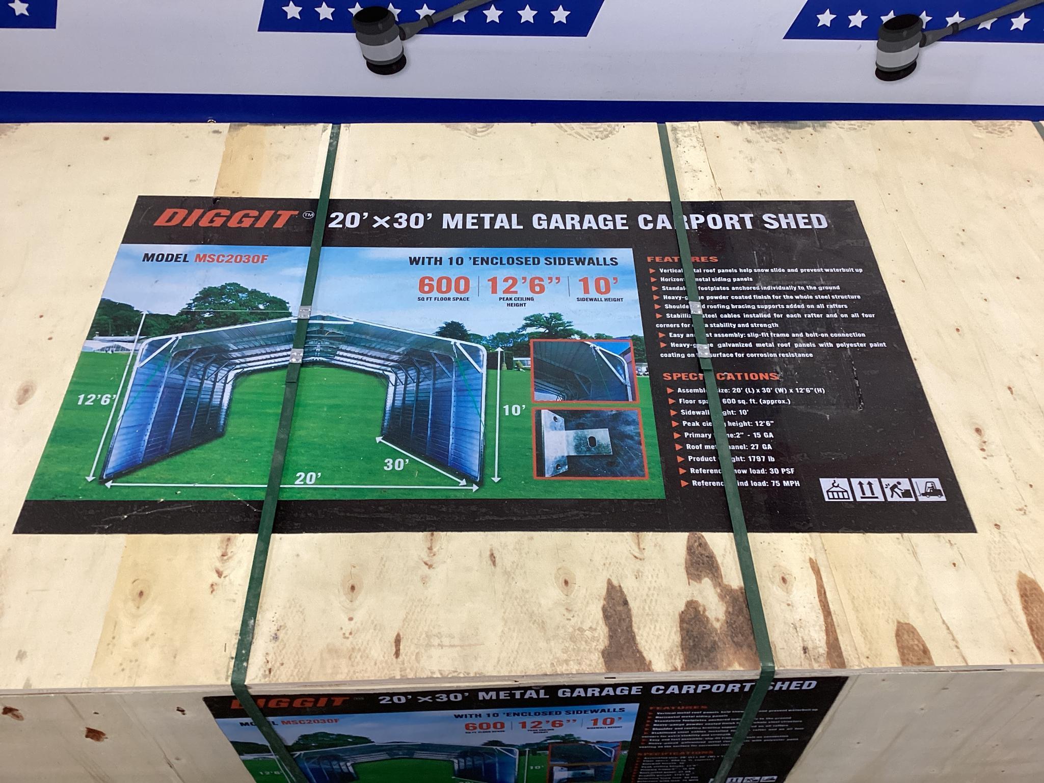 (Inv.120) New Unused Diggit 20' x 30' Model MSC2030F Metal Garage Carport with Enclosed Side Walls