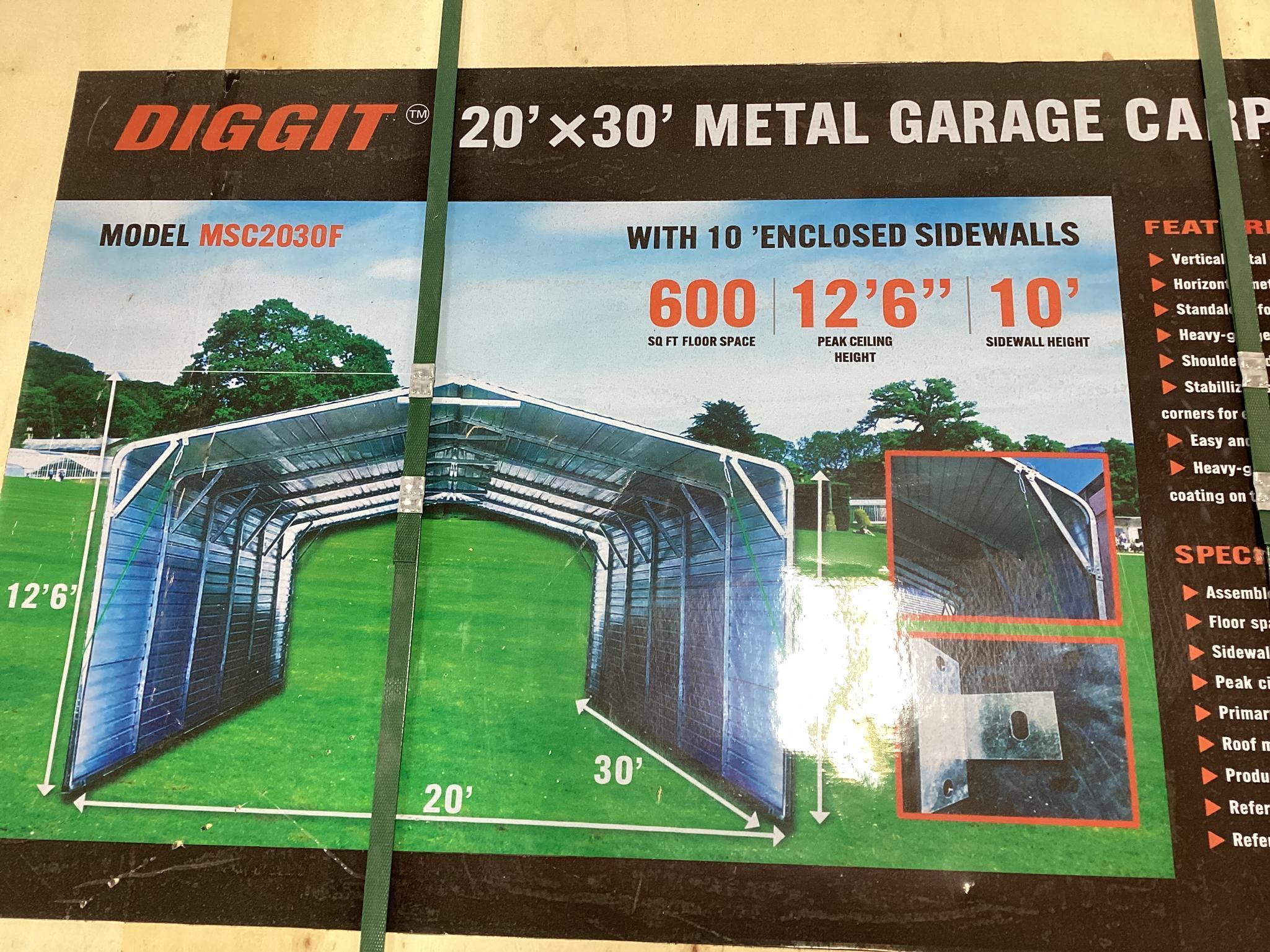 (Inv.120) New Unused Diggit 20' x 30' Model MSC2030F Metal Garage Carport with Enclosed Side Walls