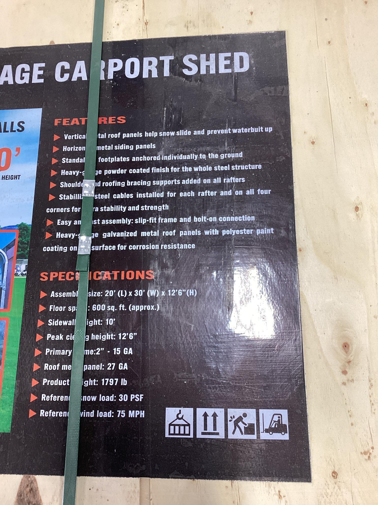 (Inv.120) New Unused Diggit 20' x 30' Model MSC2030F Metal Garage Carport with Enclosed Side Walls