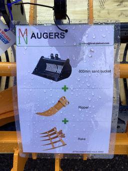 New Unused 3 Pc Mini Excavator Set, 32" sand Bucket, Rake, Ripper