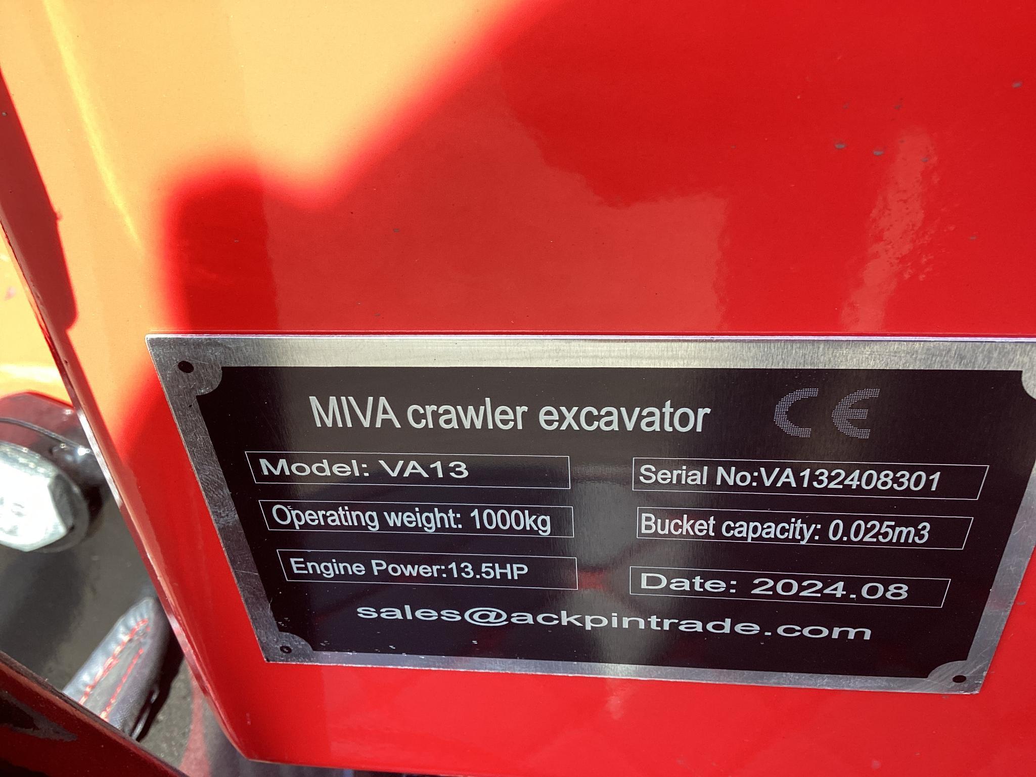 New Unused MIVA Model VA13 Mini Excavator, 13.5 Hp Gas Engine, Dozer Blade, 16" Bucket, Aux Hyd.