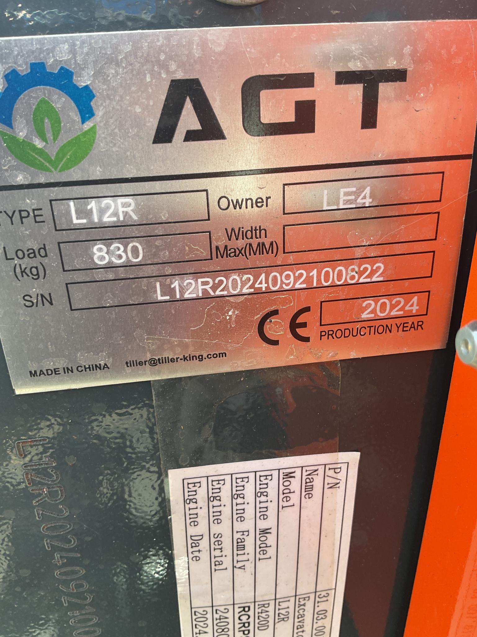 New Unused AGT Model L12R Mini Excavator, 14" Digging Bucket, Blade, 13.5 Gas Engine, Aux. Hyd.