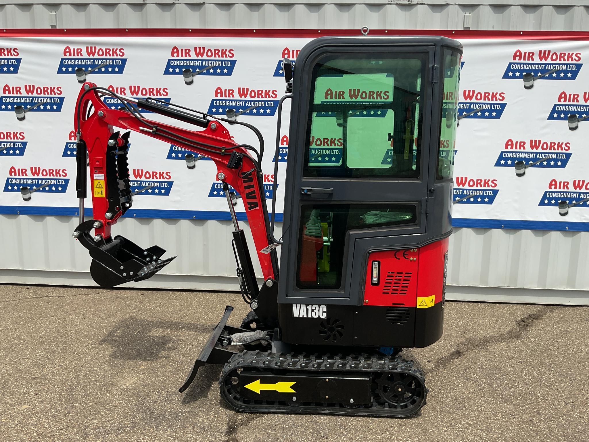 New Unused Miva VA13C Mini Excavator, 13.5 Hp Gas Engine, Manual Thumb, Blade, Cab, 16" Bucket