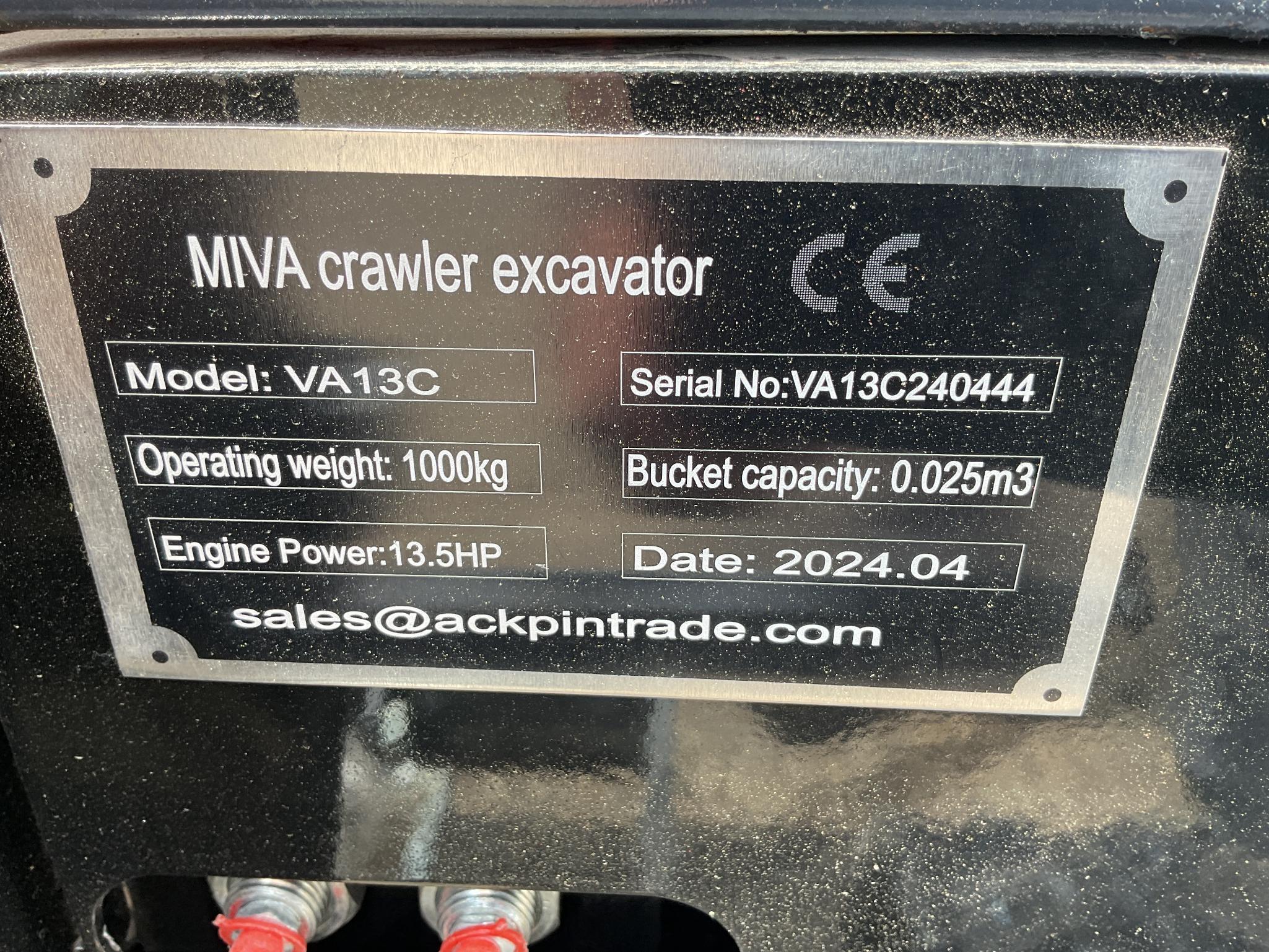 New Unused Miva VA13C Mini Excavator, 13.5 Hp Gas Engine, Manual Thumb, Blade, Cab, 16" Bucket