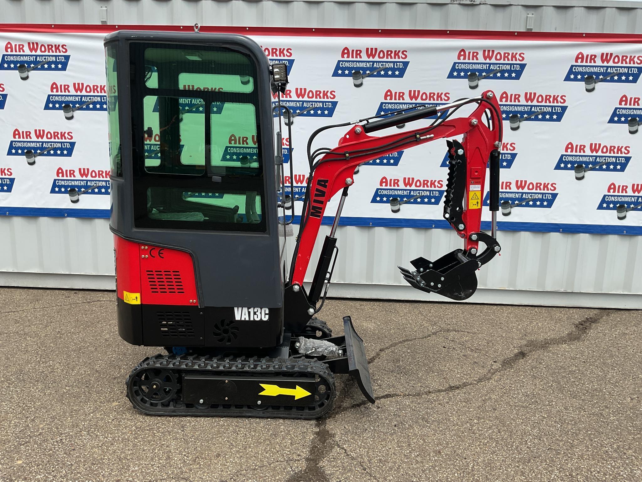 New Unused Miva VA13C Mini Excavator, 13.5 Hp Gas Engine, Manual Thumb, Blade, Cab, 16" Bucket