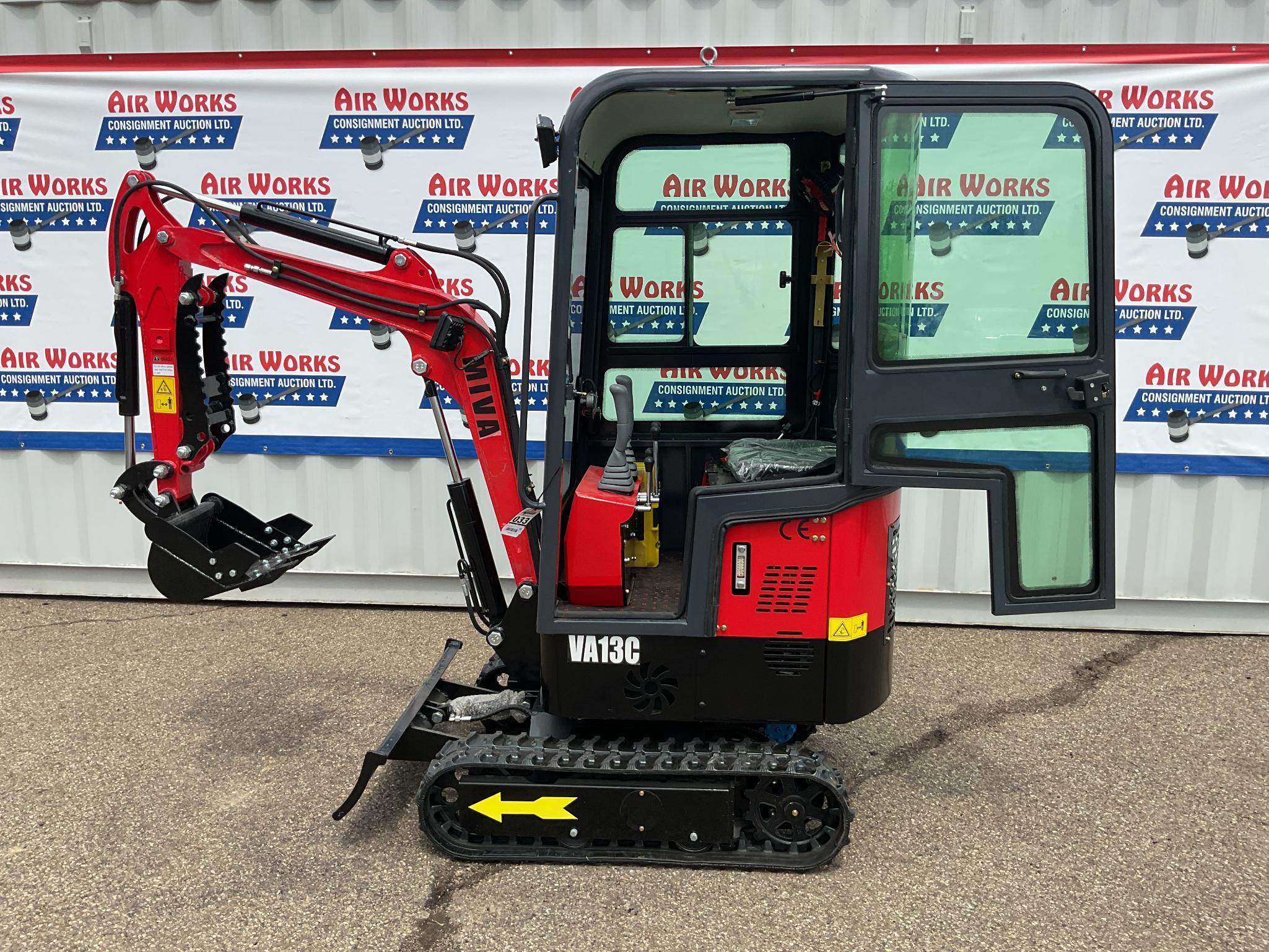 New Unused Miva VA13C Mini Excavator, 13.5 Hp Gas Engine, Manual Thumb, Blade, Cab, 16" Bucket