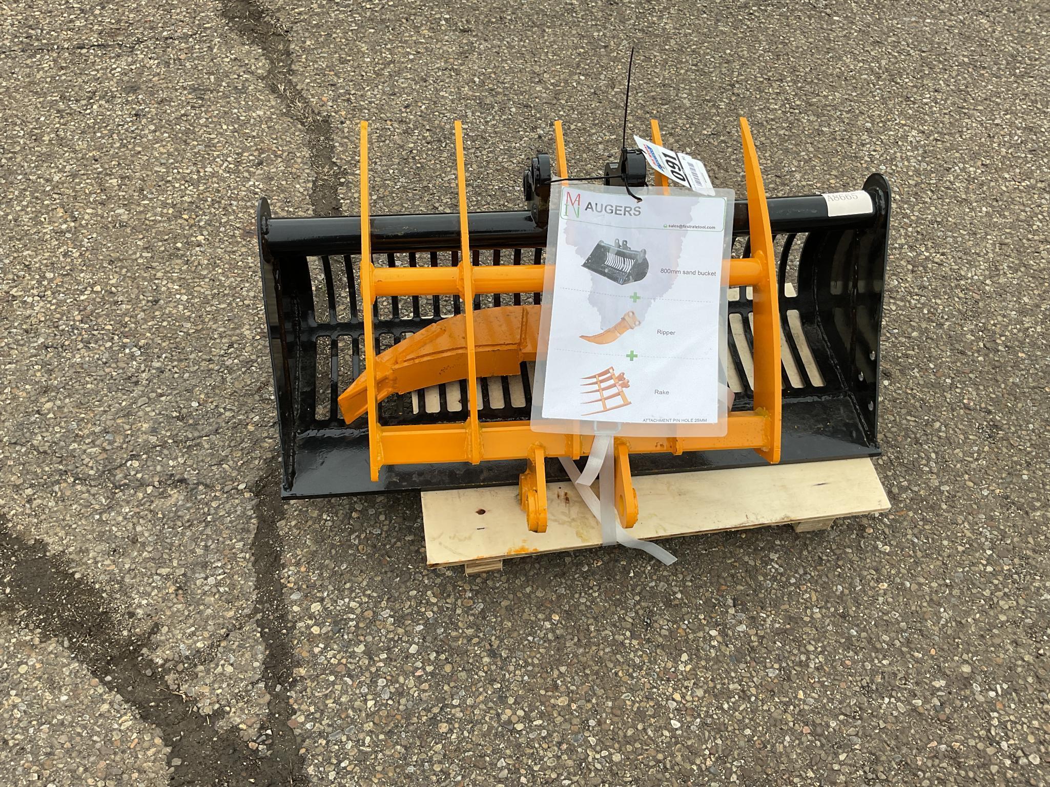 New Unused Miva 3 Pc. Mini Excavator Attachment Set, Includes Rake, Ripper and 32" Sand Bucket